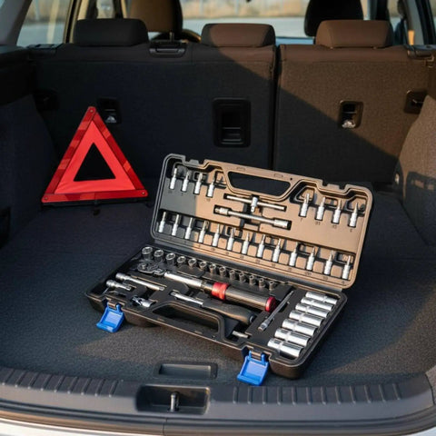 51 Piece Ratchet Socket Set With Multiple Sockets, Adjustable Tension Wrench, Handy Case, Pro Grade Repair Tool Kit in car trunk