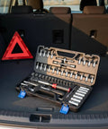 51-Piece Ratchet Socket Set in trunk, steel with adjustable tension wrench kit for auto repair and DIY grab-and-go maintenance tools.