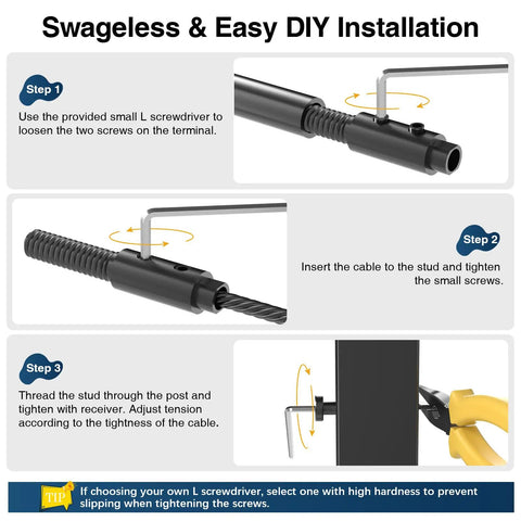 Step-by-step installation of 20 Pack Black Swageless Invisible Cable Railing Kit With T316 Stainless Steel Reusable Fittings