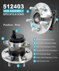 Rear Wheel Bearing Hub Assembly 512403 for 2009-2019 Corolla showing specifications, 5-lug with ABS, detailed view
