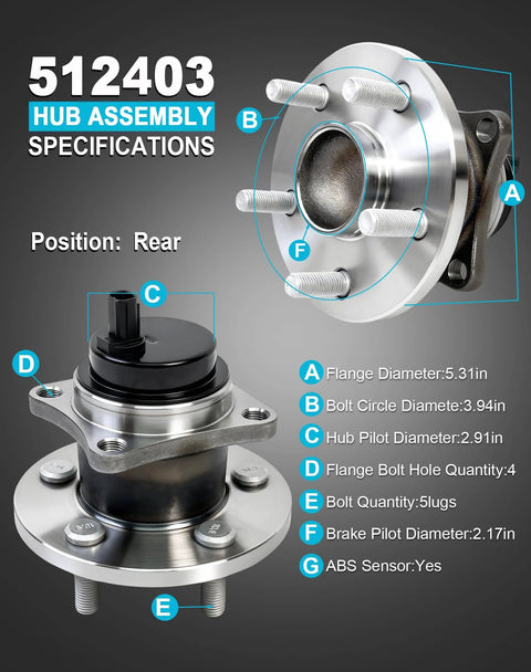 Rear Wheel Bearing Hub Assembly 512403 for 2009-2019 Corolla showing specifications, 5-lug with ABS, detailed view