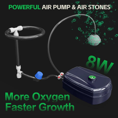 Deep Water Culture Hydroponics Grow System with Top Drip Kit, air pump and air stone, enhancing oxygenation for plant growth.