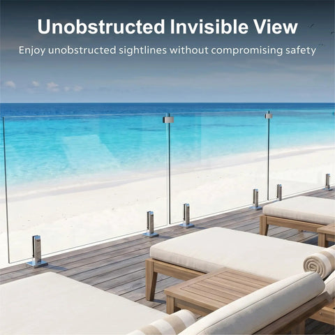Top Tier Six Panel Laminated Glass Railing Kit For Decks with Heavy Duty Stainless Hardware, unobstructed view at beach, 315 to 324 wide, 44 high.