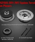 GMC Terrain 2.4L Ecotec Timing Chain Kit With VVT Direct Fit For Chevy Equinox 2011 2017 Malibu Impala Cobalt HHR Orlando Verano LaCrosse Regal Buick 2.4L Engine Replacement. Cam phasers, timing crank sprocket, and gear bolts on black background.
