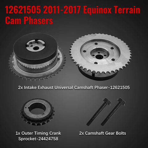 GMC Terrain 2.4L Ecotec Timing Chain Kit With VVT Direct Fit For Chevy Equinox 2011 2017 Malibu Impala Cobalt HHR Orlando Verano LaCrosse Regal Buick 2.4L Engine Replacement. Cam phasers, timing crank sprocket, and gear bolts on black background.