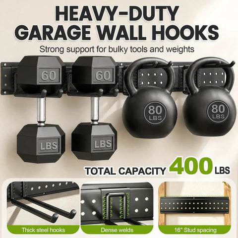 Heavy Duty Garage Wall Organizer Rack With Forty Nine Point Five Inch Wide Adjustable Hooks For Shovels Rakes Garden Tools Space Saving Storage Solution That Holds Four Hundred Pounds Kicks Clutter To The Curb And Level Up Your Workspace
