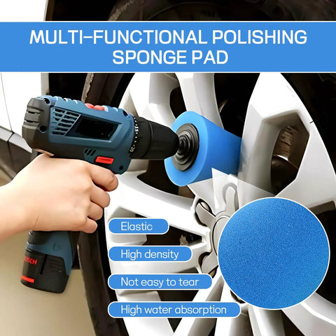 5 Piece Car Buffing Sponge Pads Kit For Drill Attachment used to polish a car wheel with foam pad.