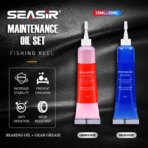 Fishing Reel Oil and Grease Kit Two Piece for Spinning and Baitcasting Reels with liquid oil and solid grease tubes