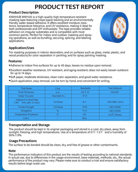Product test report for Pro-Grade Blue Painter Tape 0.94 Inch, 18 Rolls, Medium Adhesion, showing features and technical specifications.
