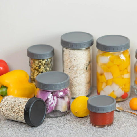 9 Gray Wide Mouth Mason Jar Lids With Silicone Ring 86mm Thickened Leakproof Plastic Covers Fits Ball Kerr And More For Preserving Food Sauces And Bulk Batch Storage Keepin It Fresh on filled jars