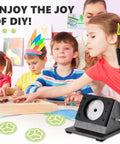 Children exploring DIY crafts beside 1 Inch Button Cutter Circle Punch For Scrap Paper Cardboard Films And Diy Projects Heavy Duty Graphic Die Cutter With 1.377 Inch Circle Punch Pro Grade Steel Blade For Precise Button Making.