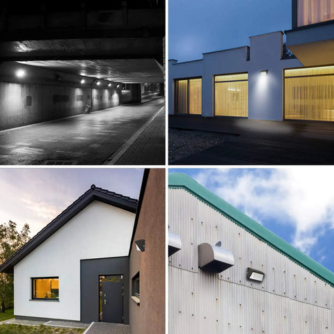 High Output LED Wall Pack Light 120W 15600LM 5000K Dusk to Dawn Photocell illuminating various outdoor areas