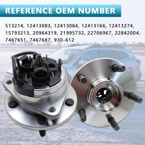 Front Wheel Hub Bearing Assembly For 5 Lug Vehicles Compatible With Malibu 2004 2012 Cobalt 2008 2010 HHR 2008 2010 G6 2005 2010 Saturn Aura 2007 2009 With ABS Replacement 513214 showing close-up view with OEM numbers in background