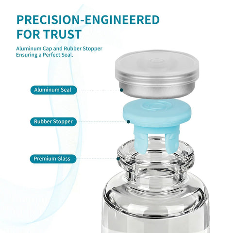 Exploded view of BISS closure for a 30ml premium glass vial showing aluminum seal and blue rubber stopper