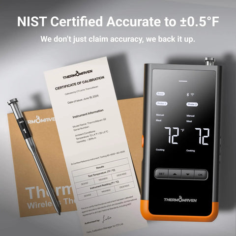 Wireless Bluetooth Smart Meat Thermometer With Sub 1G Range 6 Sensors NIST Certified Accuracy Dual Probes WiFi Enabled display