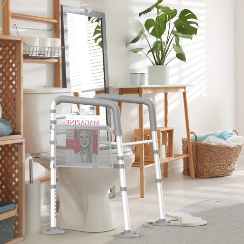 Toilet Safety Rails For Elderly And Handicap - Adjustable Width And Height Stand Alone Frame in bathroom with decor.