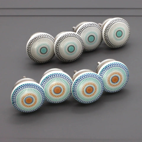 Pack Of Eight Vibrant Mandala Ceramic Cupboard Knobs 40mm Drawer Pulls With Washers in a stylish assortment of designs.