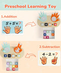 Totally Kid Approved Wooden Number Blocks And Soft Felt Hand Puppets Paired With Double Sided Math Flashcards For Super Fun Preschool Addition Learning showing addition and subtraction examples.