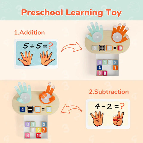 Totally Kid Approved Wooden Number Blocks And Soft Felt Hand Puppets Paired With Double Sided Math Flashcards For Super Fun Preschool Addition Learning showing addition and subtraction examples.