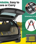 Heavy Duty Leveling Rake For Lawns And Gardens With Five Foot Adjustable Handle Foldable 30 By 10 Inch Yard Tool shown folded in car trunk
