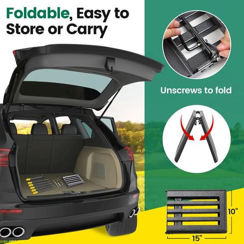 Heavy Duty Leveling Rake For Lawns And Gardens With Five Foot Adjustable Handle Foldable 30 By 10 Inch Yard Tool shown folded in car trunk