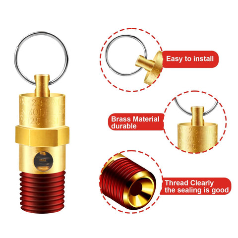 Brass air compressor pressure relief valve, 1/4'' NPT, red threaded end with mounting ring