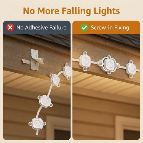 90 Pack Light Clips For Pro Outdoor Lights H706 H806 mount with screws for soffit installation, showing before and after setup