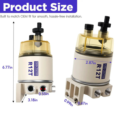 Marine Fuel Water Separator Filter Kit With 10 Micron Replacement For Outboard Engines, Fits Gasoline And Diesel, dimensions labeled