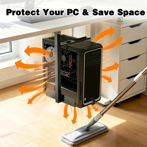 Dead Easy Under Desk PC Holder And Wall Mount Computer Tower Stand With 77 Lb Capacity Adjustable Height shown mounted, saving space.
