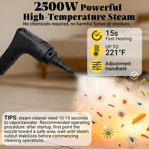 Powerful 2500W Portable Handheld Steam Cleaner With Large Capacity Tank showing steam emitter, ideal for cleaning surfaces and removing dirt.