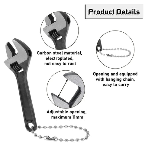 Two Pack 2.5 Inch Mini Adjustable Crescent Wrenches With Locking Keychain, carbon steel, detailed view with chain