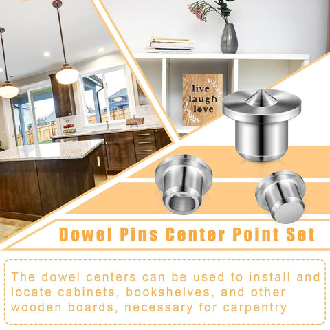 DIY Friendly 32 Piece Dowel Pin Center Point Kit For Woodworking Solid And Hollow Dowel Centers shown in a kitchen setting.