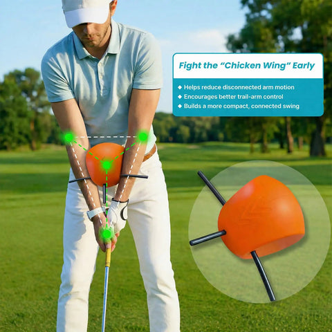 Golfer using Golf Swing Connector Trainer For Posture And Arm Alignment, Easy Training Aid To Lock Your Connection, Improve Swing Path