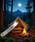 Mini Stainless Steel Pocket Pry Bar EDC Tool For Bushcraft And Survival beside a tent and campfire in a forest setting