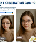 Before and after using Top Shelf Screw In Silicone Nose Pads For Glasses 9 Pair Replacement Kit, showcasing comfort and stability.