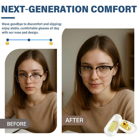 Before and after using Top Shelf Screw In Silicone Nose Pads For Glasses 9 Pair Replacement Kit, showcasing comfort and stability.
