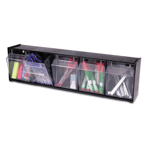 Five Bin Horizontal Tilt Bin Storage System With Interlocking Modular Design, wall-mount or countertop use, transparent tilt-out bins