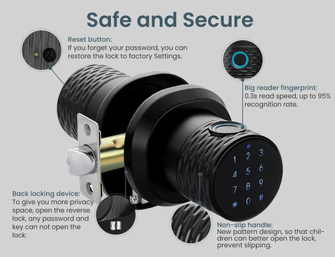 Biometric Fingerprint Door Knob with Keypad Lock and Large Sensor No Keys Needed Keyless Entry Handle 0.2s Unlock 3 Ways to Open