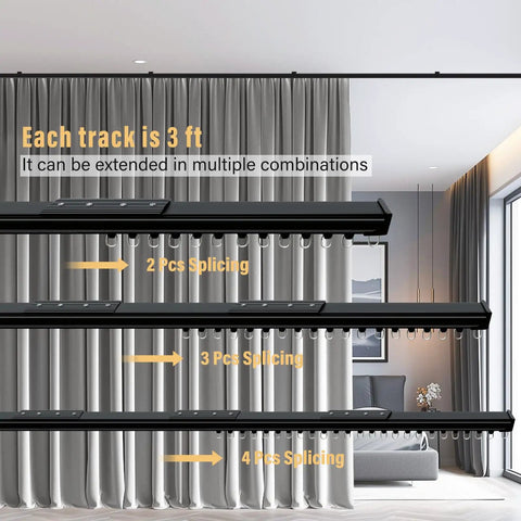 Heavy Duty Ceiling Curtain Track System With Wall Mount And Hooks Durable Aluminum Track Rods For Curtains Or Room Dividers Quiet Smooth Pulleys Waterproof And Rust Resistant Black Finish Fits 3 To 18 Feet, shown with 3 ft sections