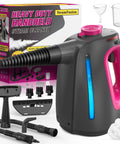 Heavy Duty Handheld Steam Cleaner With Lockable Button And 11pcs Accessories, Unlimited Water For Continuous Steaming, Multi Purpose Machine Great For Car, Grout, Home Cleaning Tasks In Purple Color, showing steamer with attachments.