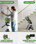 Self Leveling Laser Level With Tripod For DIY Pros And Handymen, 360 Degree Green Cross Lines, 4D Laser Leveler showing self-leveling and manual modes