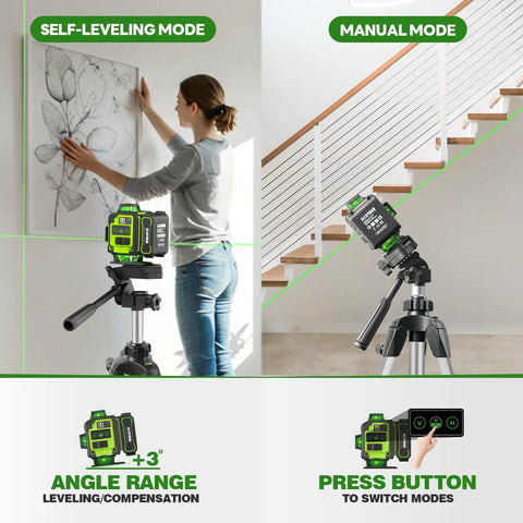 Self Leveling Laser Level With Tripod For DIY Pros And Handymen, 360 Degree Green Cross Lines, 4D Laser Leveler showing self-leveling and manual modes