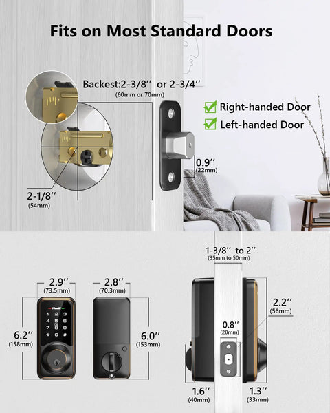 Diagram showing sizes and fit of Keyless Entry Smart Lock With App Control And Touchscreen Keypad, 5 In 1 Access for standard doors.