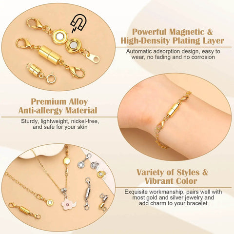 24 Pcs Magnetic Necklace Clasps Set In Round Cylindrical And Tubular Styles, Silver And Gold Finishes, ideal for DIY jewelry making.