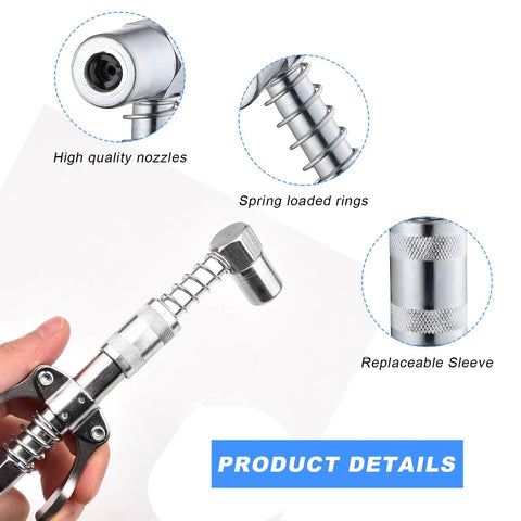 Wevdn 90-Degree steel grease coupler adapter with replaceable sleeve for tight spaces (front view).