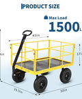 Heavy Duty Steel Garden Cart 1500 Lbs Capacity 3 In 1 Utility Wagon with yellow mesh sides and measurements displayed.