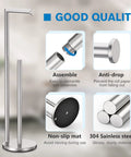 Brushed Nickel Free Standing Toilet Paper Holder Stand With Space For One In Use Roll And Three Spare Rolls, easy assembly features