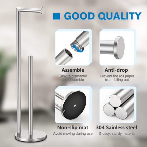 Brushed Nickel Free Standing Toilet Paper Holder Stand With Space For One In Use Roll And Three Spare Rolls, easy assembly features
