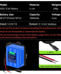 Diagram of 12V 5600mAh Lithium Battery with charger and bare leads for DIY projects, showing dimensions and specifications
