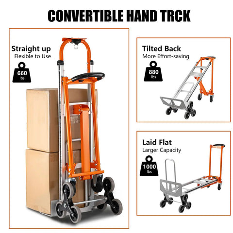 Beefy 4 In 1 Stair Climbing Hand Truck 1000 Lb Capacity Aluminum Foldable Dolly Utility Cart Heavy Duty Convertible With Upright Stair Climber 45 Degree Tilt Platform Cart And U Shaped Extension Solid Rubber Tri Wheels, shown with boxes